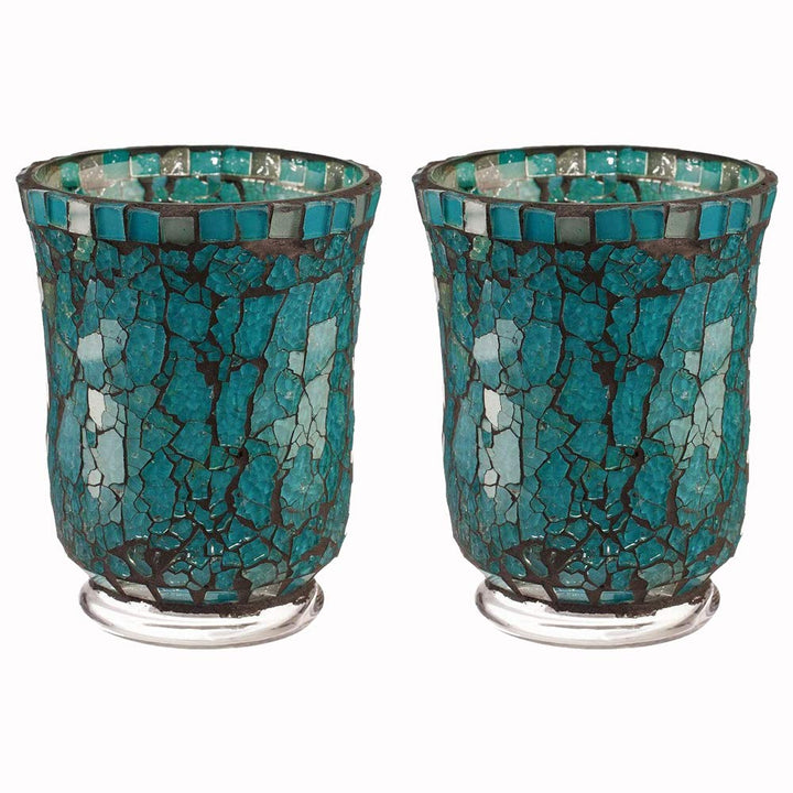 Blue Moon Glass Hurricane Candle Holder - Elegant Mosaic Table Decorations and Centerpieces for Dining/Living Room - Ideal Wedding Gift and Romantic Accent D?cor (Set of 2, Small)