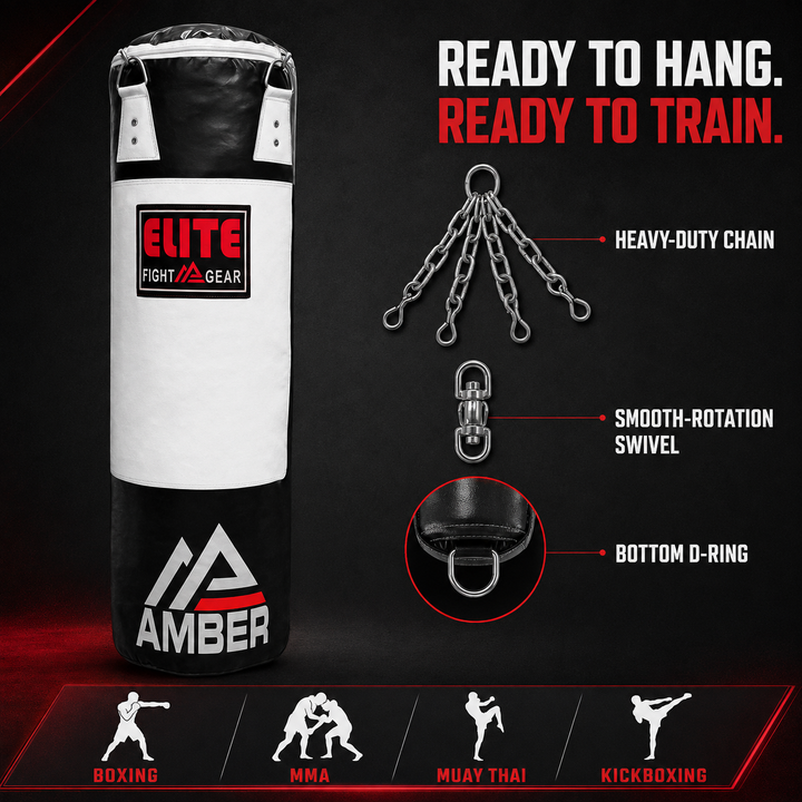 Elite Strikeforce Heavybag for Boxing, Kickboxing, MMA, Muay Thai ToughTek Leather, Triple Stitched, Sand Weighted, D-Ring, Chains &amp; Swivel