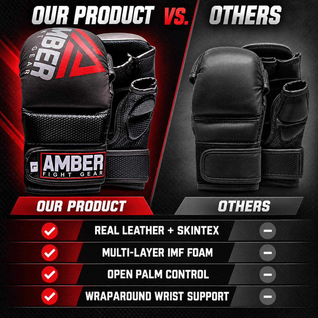 Contender Sparring MMA Gloves, Real Leather Hybrid Grappling Gloves for Martial Arts, Boxing, Combat Training, Open Palm, Padded Half Thumb, Shock-Absorbing Foam