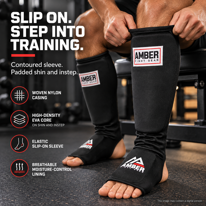 Amber Fight Gear Nylon Shin &amp; Instep Protectors with EVA Foam, Multiple Sizes