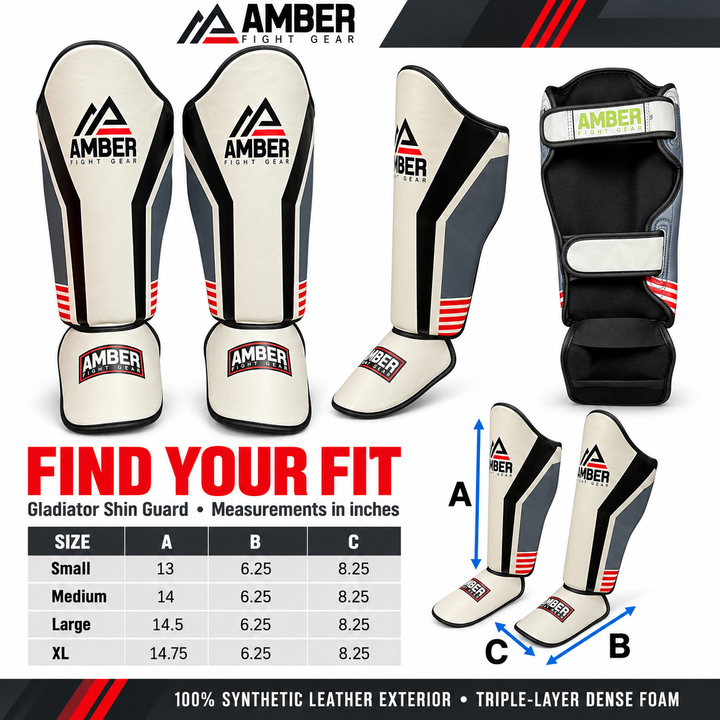 Amber Fight Gear Gladiator Muay Thai Shin Guards with Triple-Layer Foam