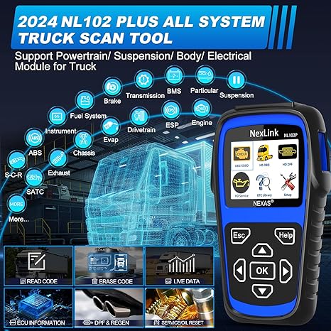 NL102 Plus Full Systems Heavy Duty Truck Scan Tool with Force DPF Regen, HDOBD/EOBD Diagnostic Scanner, Oil Reset &amp; Sensor Calibration - Truck &amp; Car 2 in 1 Code Reader (Elite Version)