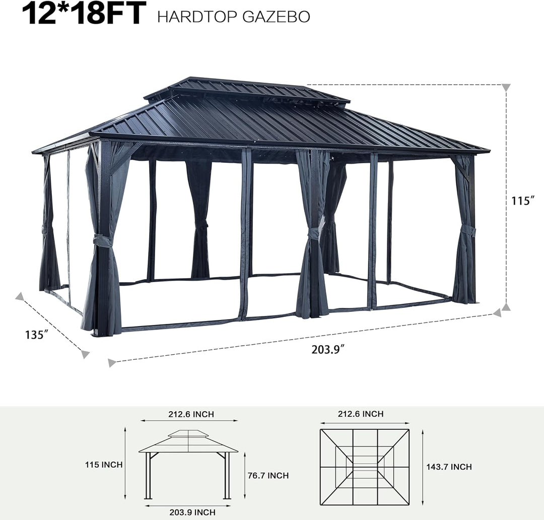12x18ft Hardtop Gazebo with Nettings and Curtains, Heavy Duty Double Roof Galvanized Steel Outdoor Combined of Vertical Stripes Roof for Patio, Backyard