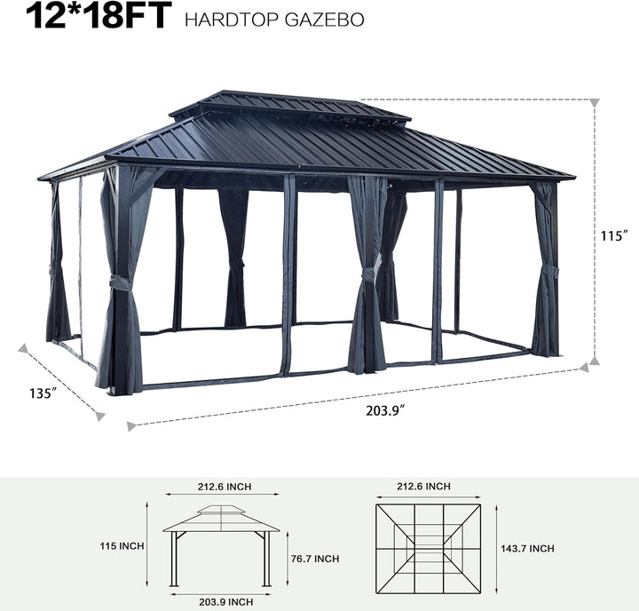 12x18ft Hardtop Gazebo with Nettings and Curtains, Heavy Duty Double Roof Galvanized Steel Outdoor Combined of Vertical Stripes Roof for Patio, Backyard