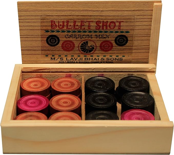 Bullet Shot Carrom Board Coins, Professional Wooden Carrom Coins Set (24 Pcs), Club &amp; Tournament-Grade Carrom Men, Durable Lightweight Wooden Checkers, Approved by International Carrom Federation