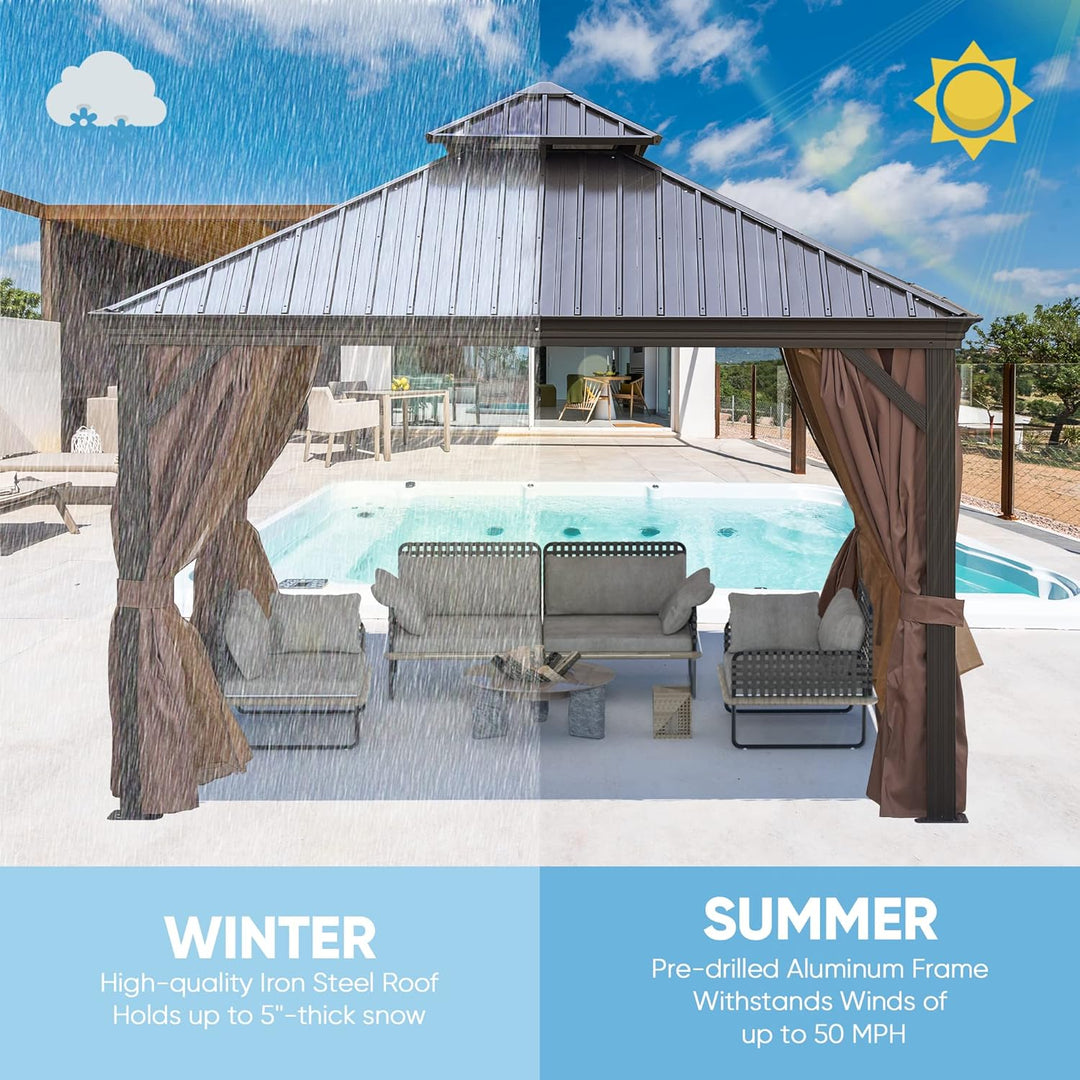 12x12FT patic Gazebo, alu Gazebo with Steel Canopy,Outdoor Permanent Hardtop Gazebo Canopy for Patio, Garden, Backyard
