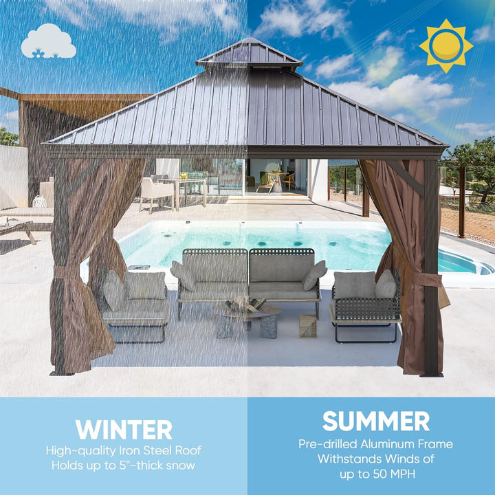 12x12FT patic Gazebo, alu Gazebo with Steel Canopy,Outdoor Permanent Hardtop Gazebo Canopy for Patio, Garden, Backyard