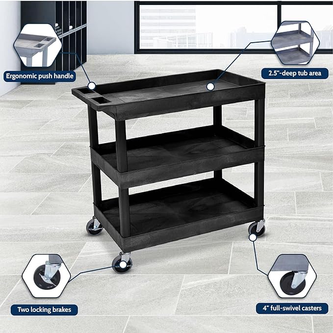 Offex 32 x 18 inches Mobile Multipurpose Utility Tub Cart with 3 Shelves and Ergonomic Handle, Black, Great for Warehouse, Garage and More
