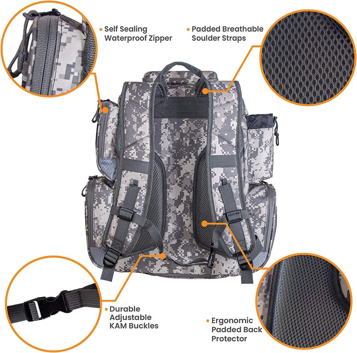 Amber Sporting Goods Fishing Backpack Waterproof Tackle Bag with Protective Rain Cover Includes 4 Tackle Boxes Stainless Steel Fishing Pliers and Lanyard