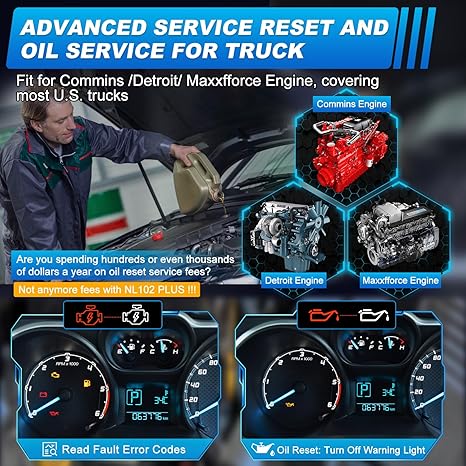 NL102 Plus Full Systems Heavy Duty Truck Scan Tool with Force DPF Regen, HDOBD/EOBD Diagnostic Scanner, Oil Reset &amp; Sensor Calibration - Truck &amp; Car 2 in 1 Code Reader (Elite Version)