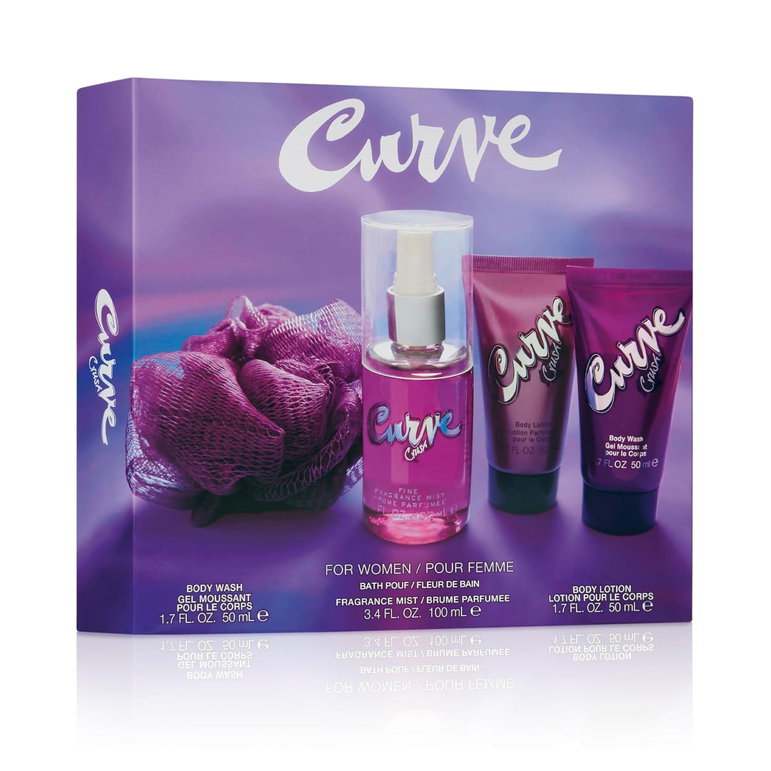 Curve Crush for Women Perfume Fragrance Set, Body Wash &amp; Lotion, Fragrance Mist and Loofa, Day or Night Scent, 4 Piece Set