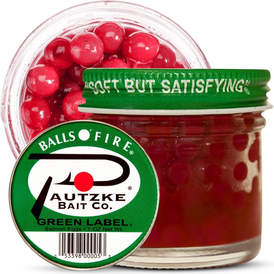 Pautzke Balls O Fire Salmon Eggs Fishing Bait - Famous &amp; Effective Trout Bait - Leading Power Bait Fishing Trout with Satisfying Salmon Fish Eggs (Green Label, 1 oz)
