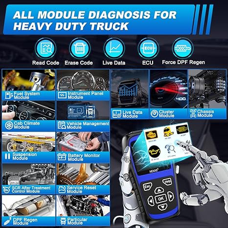 NL102 Plus Full Systems Heavy Duty Truck Scan Tool with Force DPF Regen, HDOBD/EOBD Diagnostic Scanner, Oil Reset &amp; Sensor Calibration - Truck &amp; Car 2 in 1 Code Reader (Elite Version)
