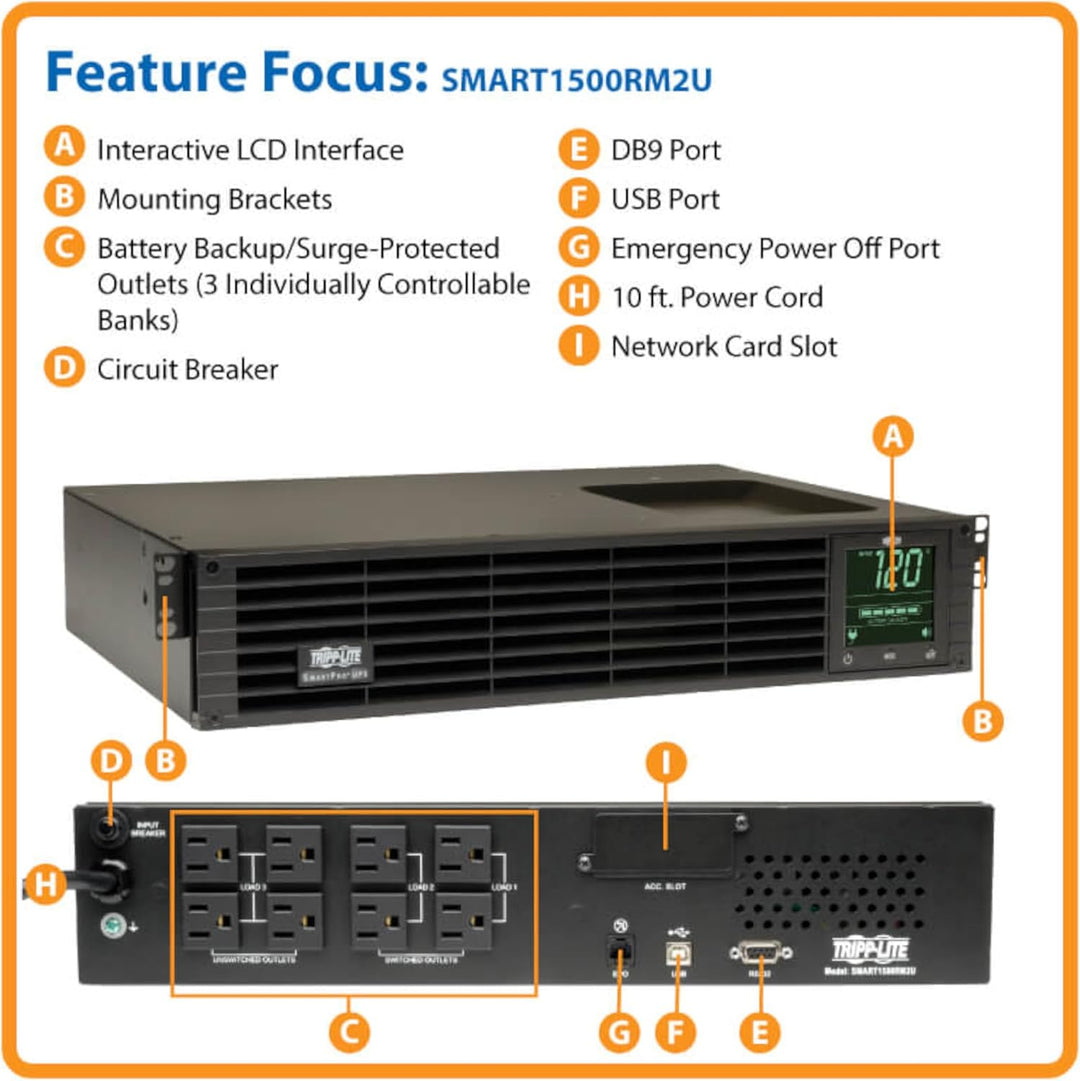 Tripp Lite 1500VA Smart UPS Back Up, Sine Wave, 1350W Line-Interactive, 2U Rackmount, LCD, USB, DB9, 2 &amp; 3 Year Warranties, $250,000 Insurance (SMART1500RM2U)