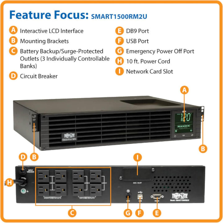 Tripp Lite 1500VA Smart UPS Back Up, Sine Wave, 1350W Line-Interactive, 2U Rackmount, LCD, USB, DB9, 2 &amp; 3 Year Warranties, $250,000 Insurance (SMART1500RM2U)