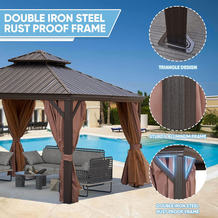 12x12FT patic Gazebo, alu Gazebo with Steel Canopy,Outdoor Permanent Hardtop Gazebo Canopy for Patio, Garden, Backyard