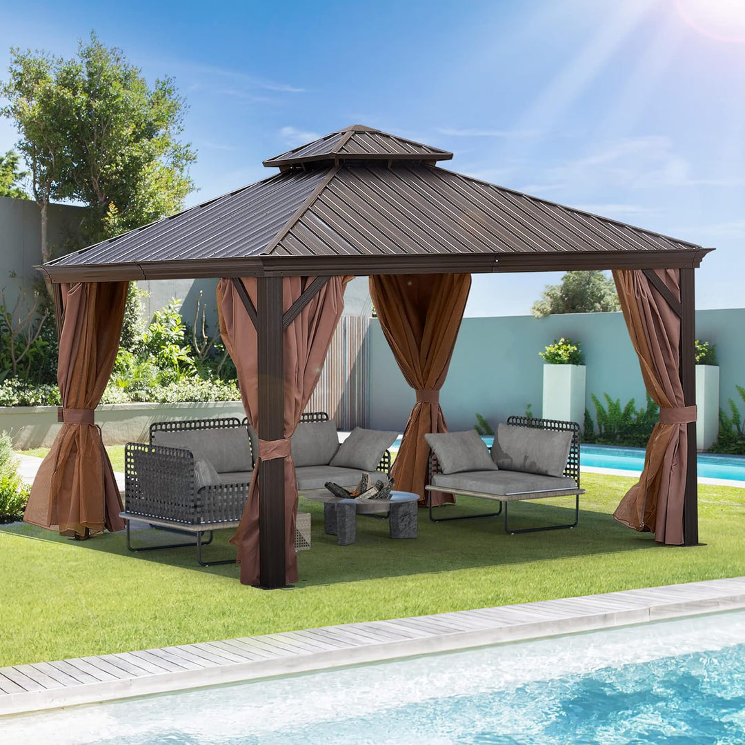 12x12FT patic Gazebo, alu Gazebo with Steel Canopy,Outdoor Permanent Hardtop Gazebo Canopy for Patio, Garden, Backyard