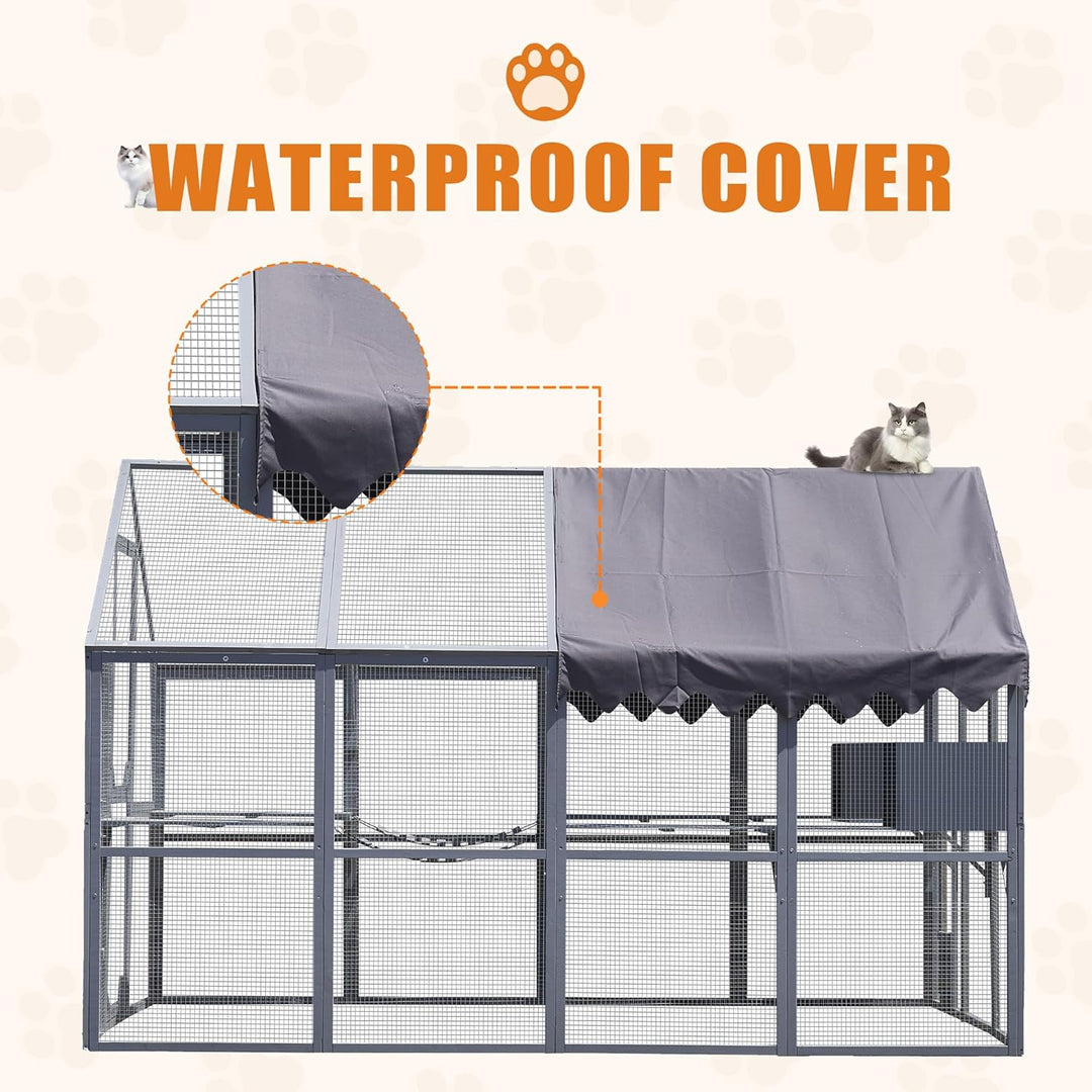 Outdoor Cat House Cat Enclosures 110" Large Kitten Playpen with Platforms,Upgrade Waterproof Cover-Grey