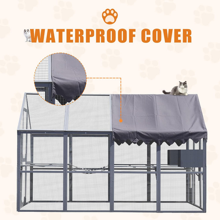 Outdoor Cat House Cat Enclosures 110" Large Kitten Playpen with Platforms,Upgrade Waterproof Cover-Grey