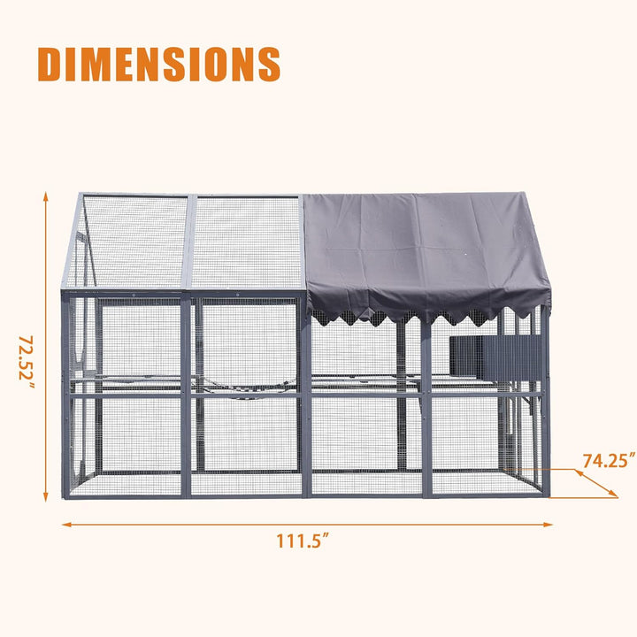 Outdoor Cat House Cat Enclosures 110" Large Kitten Playpen with Platforms,Upgrade Waterproof Cover-Grey