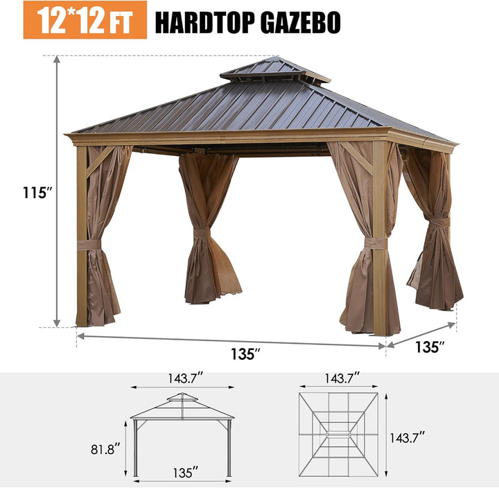 12x12FT patic Gazebo,alu Gazebo with Steel Canopy,Outdoor Permanent Hardtop Gazebo Canopy for Patio, Garden, Backyard