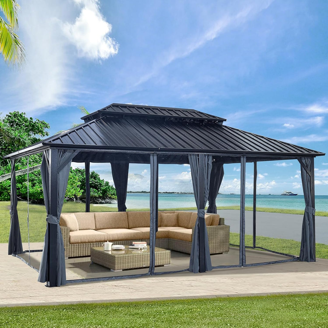 12x18ft Hardtop Gazebo with Nettings and Curtains, Heavy Duty Double Roof Galvanized Steel Outdoor Combined of Vertical Stripes Roof for Patio, Backyard