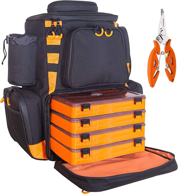 Amber Sporting Goods Fishing Backpack Waterproof Tackle Bag with Protective Rain Cover Includes 4 Tackle Boxes Stainless Steel Fishing Pliers and Lanyard