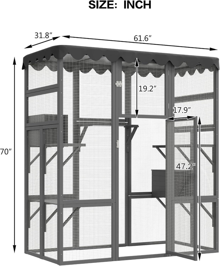 Outdoor Cat House Big Catio Wooden Feral Cat Shelter Enclosure with Large Spacious Interior, 6 High Ledges, Weather Protection Asphalt Roof