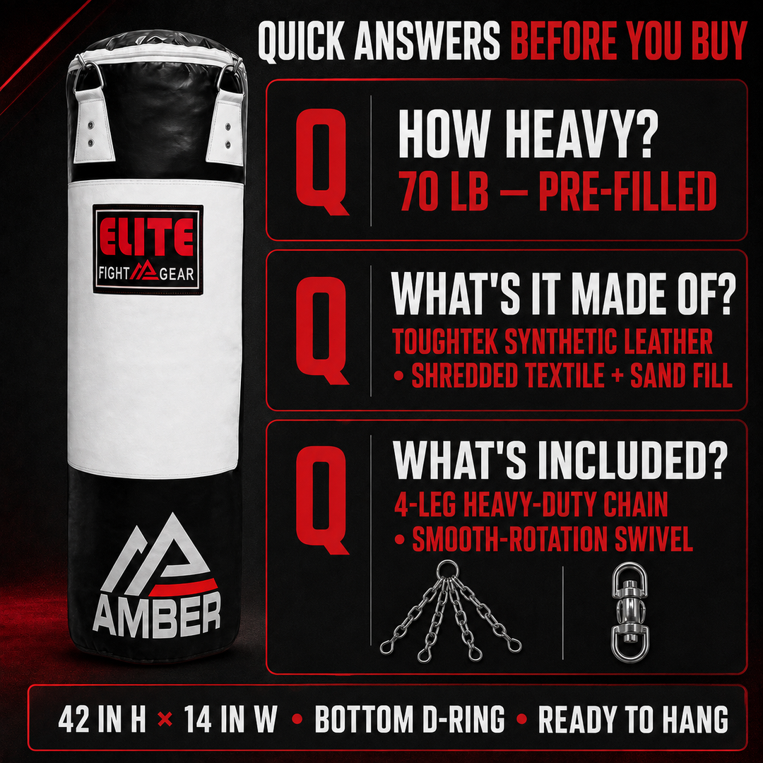 Elite Strikeforce Heavybag for Boxing, Kickboxing, MMA, Muay Thai ToughTek Leather, Triple Stitched, Sand Weighted, D-Ring, Chains &amp; Swivel