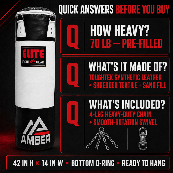 Elite Strikeforce Heavybag for Boxing, Kickboxing, MMA, Muay Thai ToughTek Leather, Triple Stitched, Sand Weighted, D-Ring, Chains &amp; Swivel