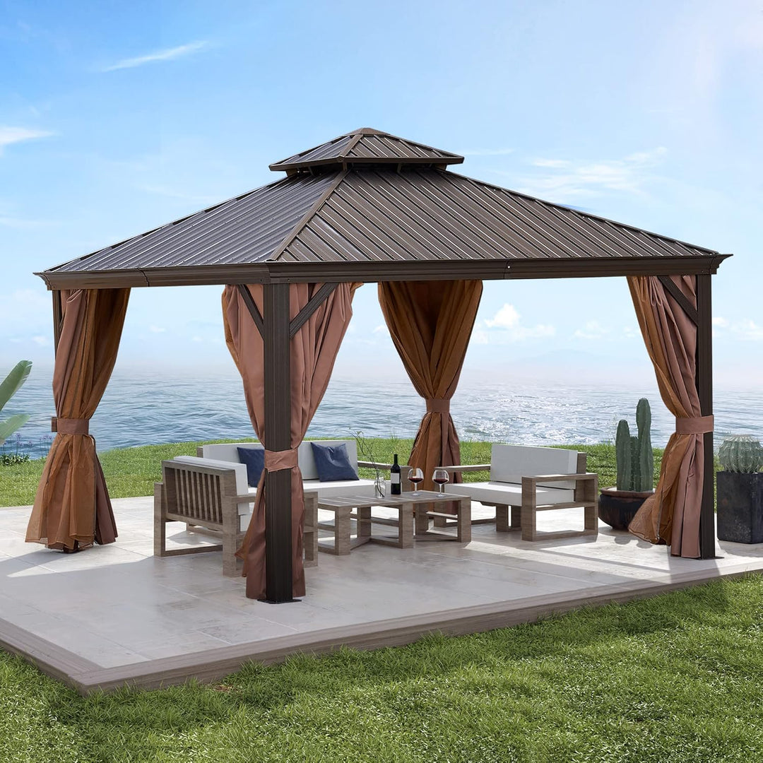12x12FT patic Gazebo, alu Gazebo with Steel Canopy,Outdoor Permanent Hardtop Gazebo Canopy for Patio, Garden, Backyard