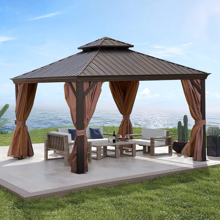 12x12FT patic Gazebo, alu Gazebo with Steel Canopy,Outdoor Permanent Hardtop Gazebo Canopy for Patio, Garden, Backyard