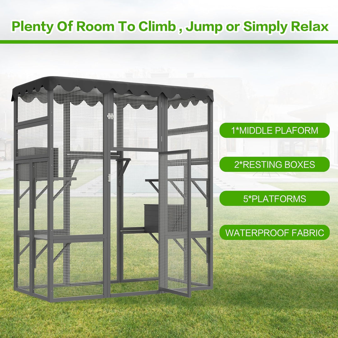 Outdoor Cat House Big Catio Wooden Feral Cat Shelter Enclosure with Large Spacious Interior, 6 High Ledges, Weather Protection Asphalt Roof
