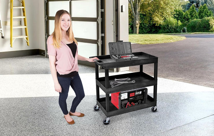 Offex 32 x 18 inches Mobile Multipurpose Utility Tub Cart with 3 Shelves and Ergonomic Handle, Black, Great for Warehouse, Garage and More
