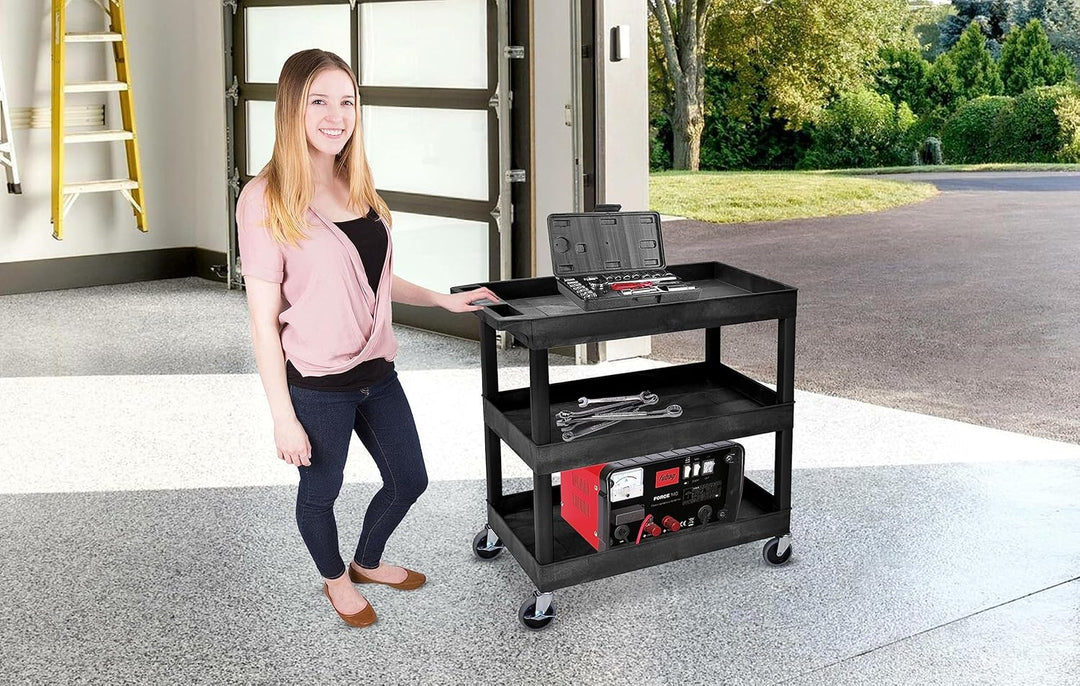 Offex 32 x 18 inches Mobile Multipurpose Utility Tub Cart with 3 Shelves and Ergonomic Handle, Black, Great for Warehouse, Garage and More