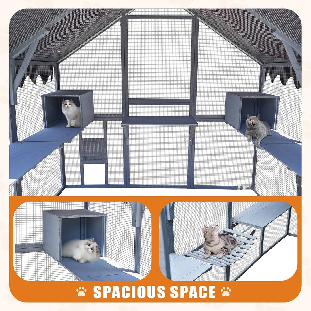 Outdoor Cat House Cat Enclosures 110" Large Kitten Playpen with Platforms,Upgrade Waterproof Cover-Grey