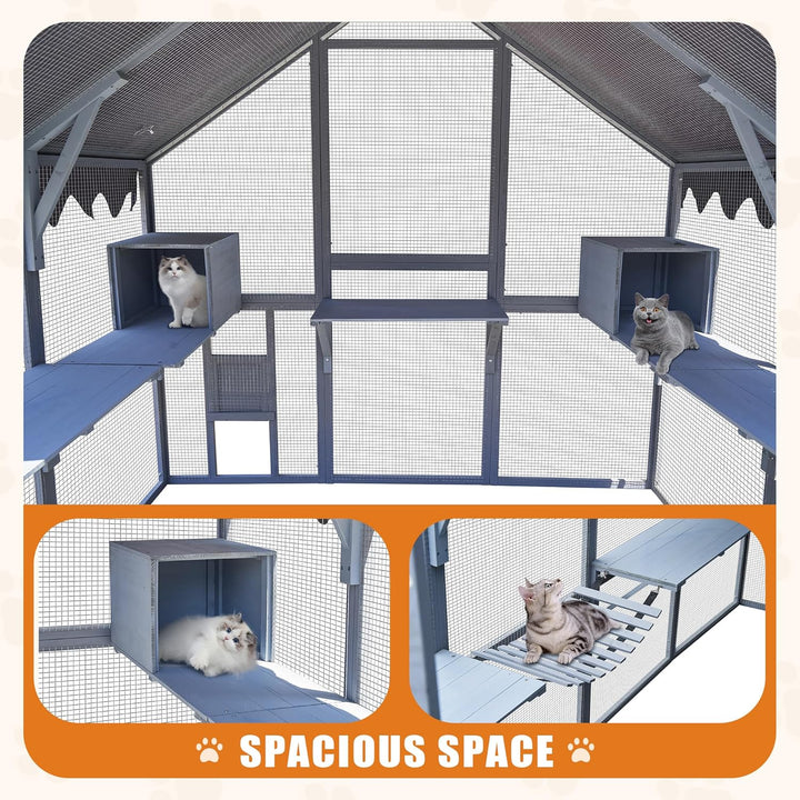 Outdoor Cat House Cat Enclosures 110" Large Kitten Playpen with Platforms,Upgrade Waterproof Cover-Grey