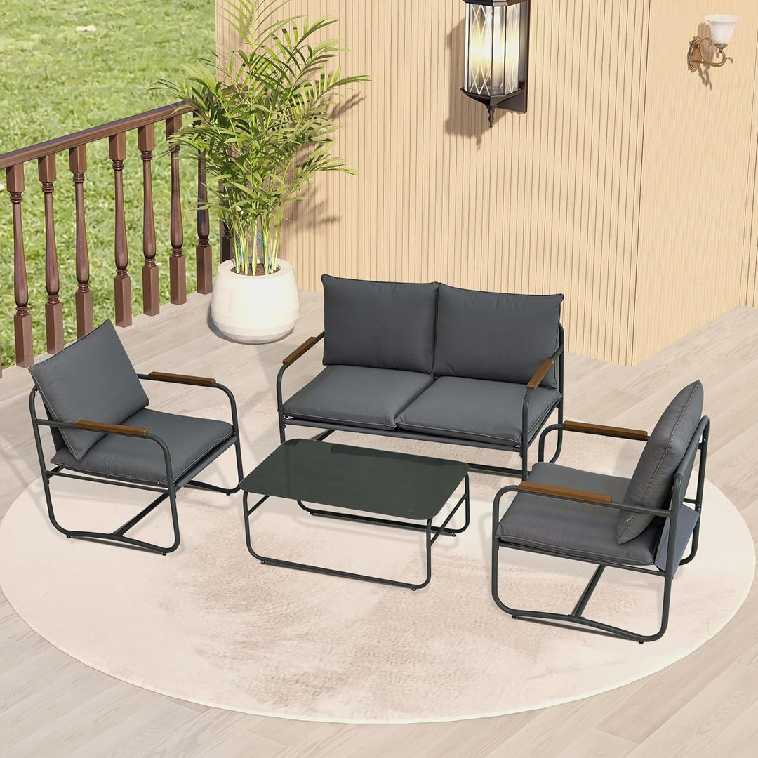 LIVEVIE 4-Piece Outdoor Patio Furniture Sets, Patio Conversation Set with Removable Seating Cushion, Courtyard Patio Set for Home, Yard, Poolside (Grey)
