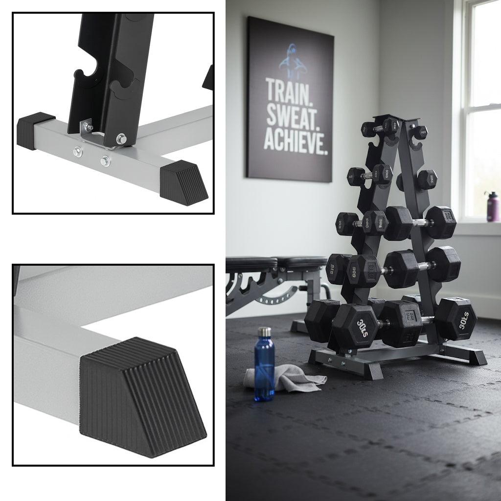 Maximize Floor Space with Our A-Frame Dumbbell Rack Stand - Solid Construction, Anti-Scratch, Holds 6 Pairs, Great Gift Idea and Backed by 1-Year Warranty!