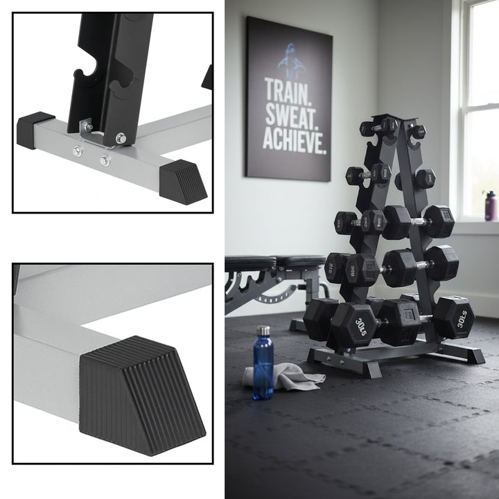 Maximize Floor Space with Our A-Frame Dumbbell Rack Stand - Solid Construction, Anti-Scratch, Holds 6 Pairs, Great Gift Idea and Backed by 1-Year Warranty!