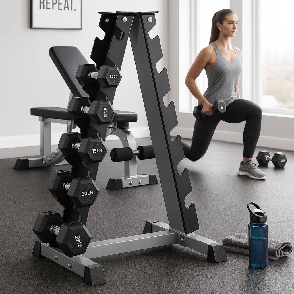 Maximize Floor Space with Our A-Frame Dumbbell Rack Stand - Solid Construction, Anti-Scratch, Holds 6 Pairs, Great Gift Idea and Backed by 1-Year Warranty!
