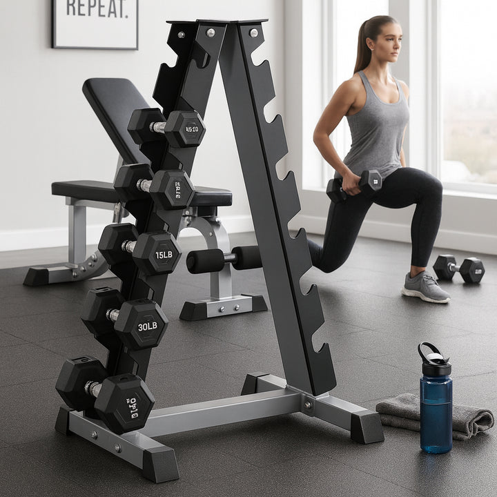 Maximize Floor Space with Our A-Frame Dumbbell Rack Stand - Solid Construction, Anti-Scratch, Holds 6 Pairs, Great Gift Idea and Backed by 1-Year Warranty!