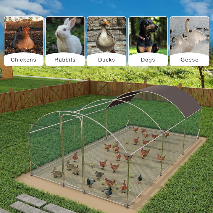 Large Metal Chicken Coop with Run, 19.7x9.8x6.6ft, Walkin Poultry Cage for Yard with Waterproof Cover, Dome Roof Large Poultry Cage for Hen House, Duck and Rabbit, Silver
