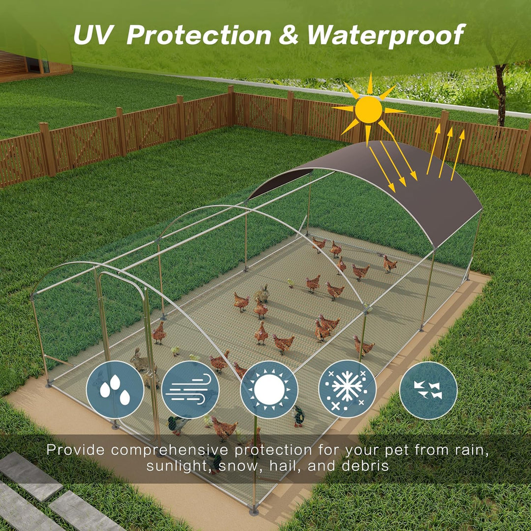 Large Metal Chicken Coop with Run, 19.7x9.8x6.6ft, Walkin Poultry Cage for Yard with Waterproof Cover, Dome Roof Large Poultry Cage for Hen House, Duck and Rabbit, Silver