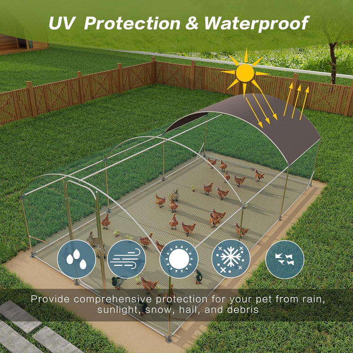 Large Metal Chicken Coop with Run, 19.7x9.8x6.6ft, Walkin Poultry Cage for Yard with Waterproof Cover, Dome Roof Large Poultry Cage for Hen House, Duck and Rabbit, Silver