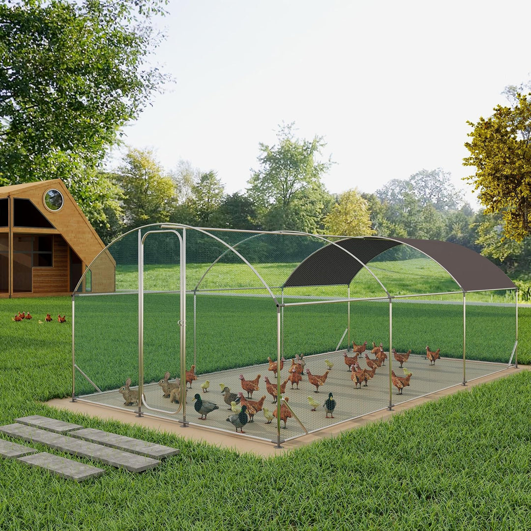 Large Metal Chicken Coop with Run, 19.7x9.8x6.6ft, Walkin Poultry Cage for Yard with Waterproof Cover, Dome Roof Large Poultry Cage for Hen House, Duck and Rabbit, Silver