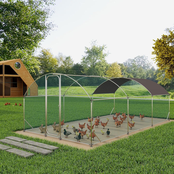 Large Metal Chicken Coop with Run, 19.7x9.8x6.6ft, Walkin Poultry Cage for Yard with Waterproof Cover, Dome Roof Large Poultry Cage for Hen House, Duck and Rabbit, Silver