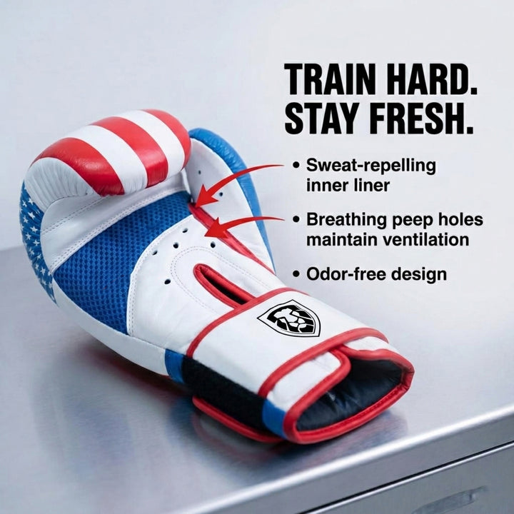 Invincible Fight Gear Hook and Loop Leather Training Boxing Gloves with USA Flag Colors - Ideal for Boxing, Kickboxing, Muay Thai, MMA for Men Women and Kids