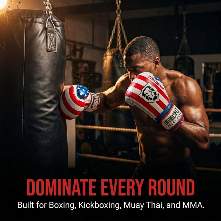 Invincible Fight Gear Hook and Loop Leather Training Boxing Gloves with USA Flag Colors - Ideal for Boxing, Kickboxing, Muay Thai, MMA for Men Women and Kids