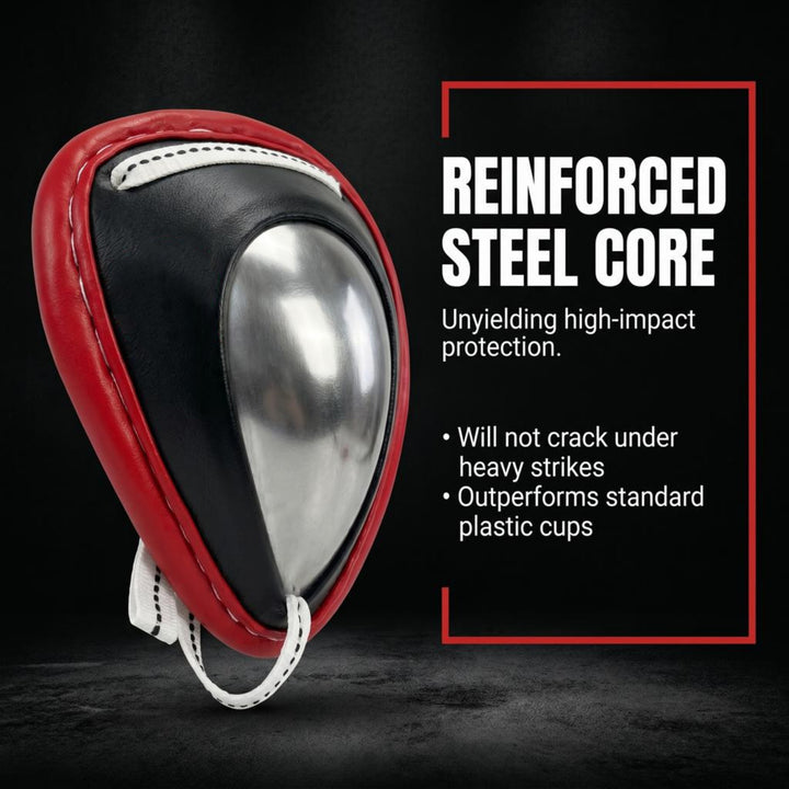 Traditional Steel Cup Groin Protector for Kickboxing, Muay Thai, MMA, Ultimate Protection, Padded Outer Cup, Adjustable Straps, Secure Fit Durable Steel Core